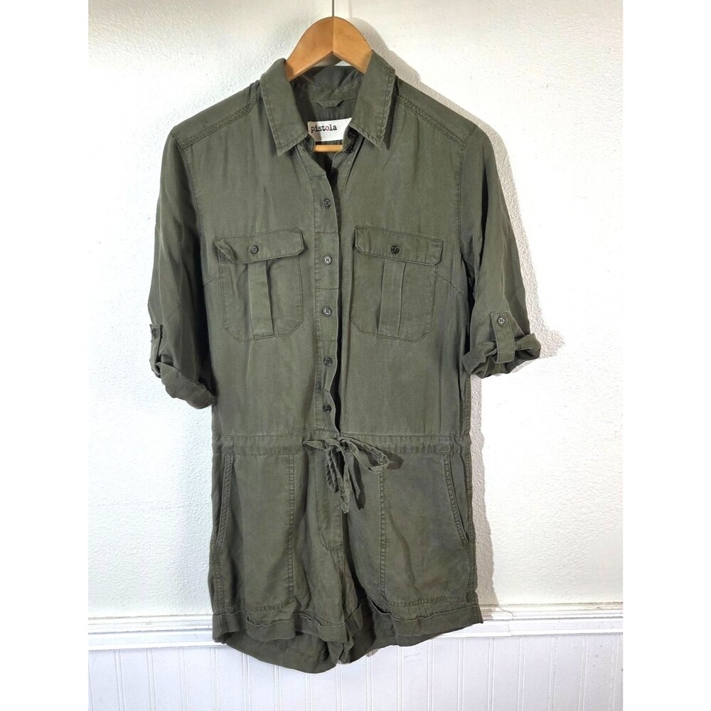 Pistola Olive Green Tencel Utility Romper Womens Small Button Front Drawstring